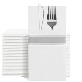YIDUHAO Pocket Napkins,Disposble Cloth Like Napkins,Built-in Flatware Pocket,Decorative Wedding Napkins with Silver Stripe Print, Pre-Folded Party Napkin, Soft, Strong, Absorbent,Pack of 50