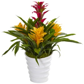Nearly Natural Tropical Bromeliad Artificial Plant in Vase, Green