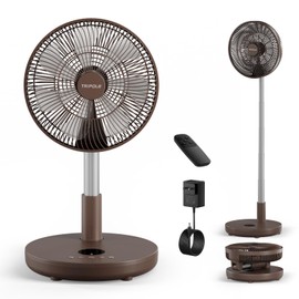 TriPole Foldable Standing Fan 12" Portable Rechargeable Battery Pedestal Fan with Remote, Timer Setting, Height Adjustable, for Home Office, 6 Speed, 12000mAh (Coffee)