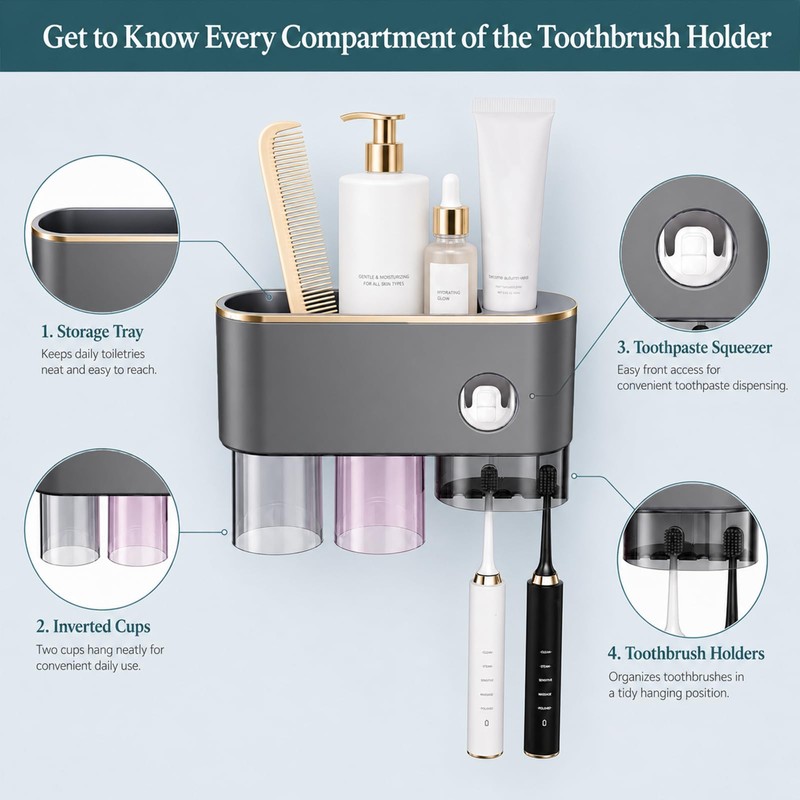 Bathroom Toothbrush Holder —Wall-Mounted Toothbrush Organizer (with Automatic Toothpaste Dispenser),