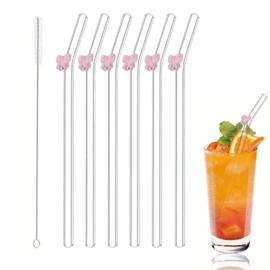 6 PCS Glass Straws Reusable,Glass Straws with Charms,Bent Straws with Cleaning Brushes,Clear Glass Straw with Bows,Butterfly Straws,Glass Butterfly Straws,Long Glass Straw,Glass Drinking Straws
