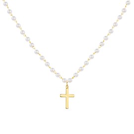 itianxi Gold Layer Pearl Cross Necklaces for Women,14K Gold Plated Cute Dainty Cross Charm Pendant Necklace for Women,Religious Faith Simple Fashion Necklaces Jewelry