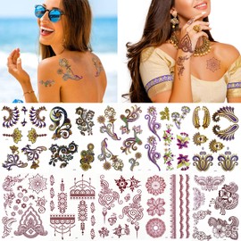 XMASIR XMASIR 20 Sheets Brown Red Tattoos Stickers Lace Colorful Tattoo Flash Fake flower Tattoo Waterproof Temporary Tattoo Stickers for Women Girls Body Art