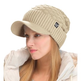 C.C Fuzzy Fleece Lined Warm Oversized Chunky Soft Stretchy Oversized Two Way Ribbed Slouchy Knit Hat with Visor Brim, Beige