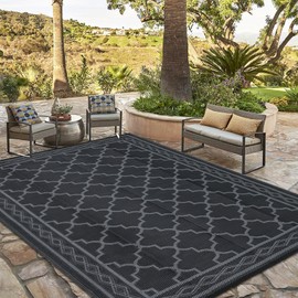 IMINROME Outdoor Rug for Patios Waterproof 5x8 Reversible Rug Geometric Rug Lightweight Rug Plastic Straw Outdoor Rug for Outside, RV, Deck, Picnic, Beach, Trailer, Camping, Black/Grey