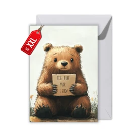 WBdesignz Apology Card with Envelope - Regret Card Bear with Sign Teddy Bear Tut-Mir Sorry Card Reconciliation (XXL DIN A4)