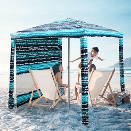 Jihfmo Beach Cabana, 6.2'×6.2' Beach Canopy with Side Wall, UPF 50+ UV Protection Easy Setup Tent Sun Shelter with Sand Pockets for Whole Family (Green Stripes)