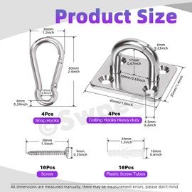 Swpeet 40 Pcs M6 Premium Heavy Duty Square Stainless Steel Screw Hooks Kit with Pad Eye Hooks, Snap Hooks, Screws with Plastic Expansion Tube, Ceiling Hooks for Outdoor Indoor Activity