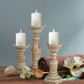 Candle Holder Stand Wooden, Pillar Candle Holders, Unity Candle Holders, Rounded Turned Colums, Country Style Ideal for Gift, Wedding, Christmas, Party, Home,Spa - 10,8,6 Inch- Set of 3, White Wash