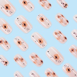 LBPEPAMZ Fall Press on Nails Short Medium Square Fake Nails Autumn Flower Thanksgiving Stick on Nails Pink Nude Color Gold Yellow Floral Acrylic Nails Full Cover Glossy Glue on Nails for Women 24Pcs