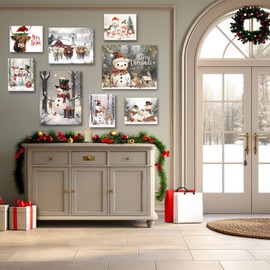 Christmas Canvas Vintage Snowman Poster Gifts in Winter Forest Oil Painting Pictures Prints Nature Artwork for Home Office Living Room Dorm Wall Indoor Xmas Decor (8x10inch, Framed)