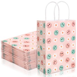 JarThenaAMCS 24Pcs Boho Smile Paper Gift Bags with Handles Pink Smile Face Daisy Flower Candy Goodie Treat Bags for Birthday Baby Shower Back to School Party Supplies