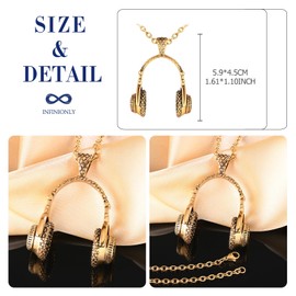 INFINIONLY Men's Headphone Necklace Stainless Steel Fashion Hip Hop Music Headphones Chains Trendy Music Audiophile Pendant with 55 cm Chain Decoration for Teenagers, Stainless Steel