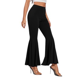 LYANER Women's Casual High Waist Ruffle Flare Pants Wide Leg Solid Stretchy Bell Bottom Solid Black Small