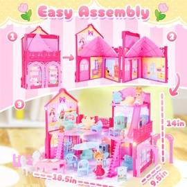 AmiDear Foldable Dollhouse 2024, Dream 3-Story Princess Doll House Playset with Furniture Slide, Pink Toddler Toy House for 3 4 5 6 7 8 9 10 Year Old Girls