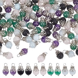 HOBBIESAY 5 Colors 80Pcs Natural Gemstone Charms 17mm Round Beads Pendants with Silver Flower Caps Mixed Stone Crystal Dangle Charms for DIY Bracelets Earring Necklace Jewelry Making,Hole:3mm
