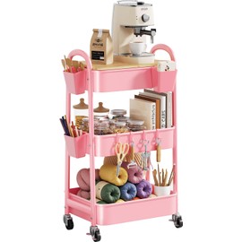 3 Tier Rolling Cart Metal with Wheels & Table Top, Pink Utility Cart with Cups and Hooks, Three Tiered Craft Cart Organizer on Wheels, Storage Carts for Salon, Lash, Hair, Nail, Makeup, Diaper, Book