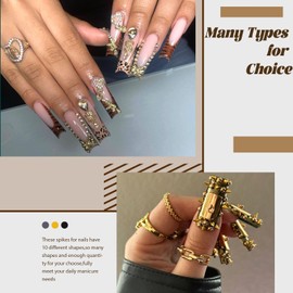 YAEISM 380PCS Gold Nail Charms 12 Grids Nail Spikes 3D Star Nail Charms Punk Cross Charms Sparkly Heart Dollar Sign Nail Charms with Glue Gel,Tweezer for Nail Art