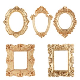 XIHIRCD Pack of 5 Vintage Picture Frames Resin Oval Rectangular Gold Baroque Photo Frame Resin Vintage Jewellery Display Frame Home Hotel Christmas Party Decoration (with Magnet Back)