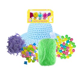 AKEDE Make Your Own Easter Bonnet - Easter Bonnet Kit - Easter Decorations - Kids Easter Bonnet Hat Decorations Straw Hat Chicks Eggs Feathers Grass Easter Bonnet Decorations Kit Girls Boys (Blue)