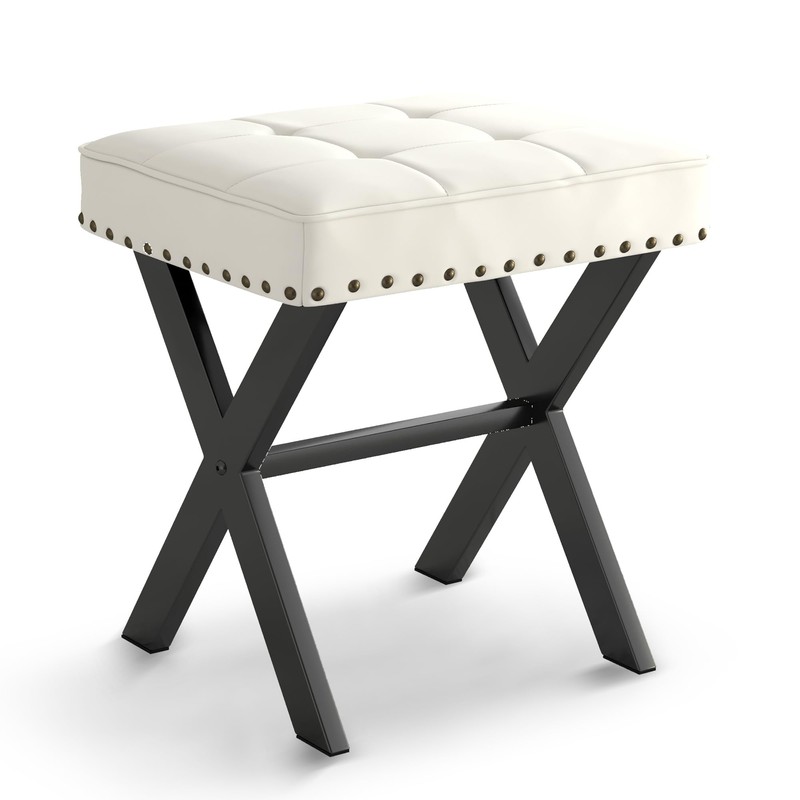 LUE BONA White Vanity Stool - Square Faux Leather Makeup