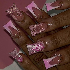 AkiliBIELY Duck Press on Nails Medium Long Silver Pink Ombre White Gold Bare Floral French Tip Fake Nails Women Glue on Nails Acrylic Stick on Nails Fantasy Classy Pretty False Nails Wedding Birthday