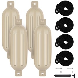 VEITHI Boat Fenders 4 Pack, Ribbed Twin Eyes Vinyl Boat Fenders Bumpers, Boat Bumpers for Docking Come with Ropes Needles and Pump to Inflate, Small Bumpers of Boats 4.5 x 16 inch Sand