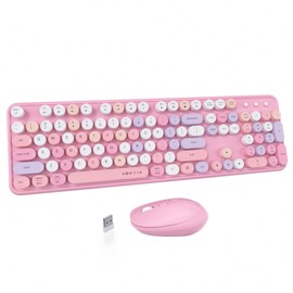 UBOTIE Colorful Computer Wireless Keyboard Mice Combo, Retro Typewriter Flexible Keys Office Full-Sized Keyboard, 2.4GHz Dropout-Free Connection and Optical Mouse (Pink-Colorful)