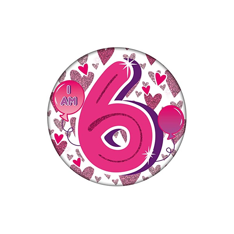 Age 6 Birthday Badge Pink And Silver Balloons Holographic Recyclable