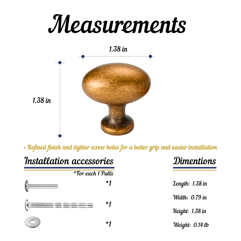 Cabinet Knobs Vintage, 6-Pack Solid Oval Egg-Shaped Drawer Knobs, Antique