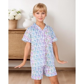 Zelbuck Girls Preppy Clothes, Kids Piece Button Down Monkey Beach Shorts Set Holiday Vacation Y2k Loungewear Pjs(Multi, 8-9 Years)