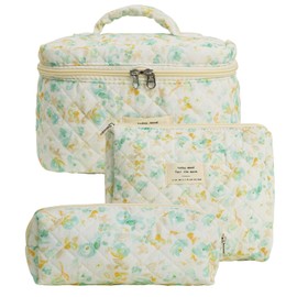Everfunny 3 Pcs Cotton Quilted Makeup Bag Set, Floral Cotton Cosmetic Bag, Aesthetic Toiletry Travel Organizer Bag for Women, Green+Yellow, Cosmetic Bag