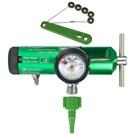 EMS Professional Grade Oxygen Regulator with Wrench, Oxygen Tubing Swivel Nipple and 5 Brass Yoke Washer Seals, 0-25 LPM with Gauge, Dual Outlet (Check Valve & Barb), CGA870, All-Brass Inside