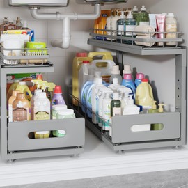 Biboraya 2 Pack 21 in Depth Pull Out Cabinet Storage with Smooth Rails,2-Tier Dual Pull Out Cabinet Storage for Bathroom Kitchen,Under Sink Shelf-Gun Gray