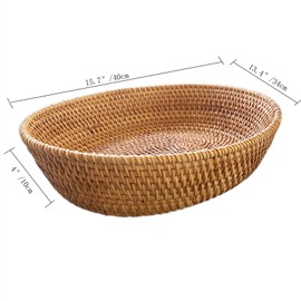 amololo 16 Inch Tabletop Rattan Friut Serving Basket with 4" HighWall, Natural Brown Trapezoid Wicker Basket Tray for Countertop, Woven Vanity Basket Bowl Key Holder for Home Décor