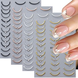 Nagelsticker French, Gold Linien Nail Art Sticker mit Strasssteine Selbstklebend Französischer Nagel Aufkleber Nageldesign DIY Dekoration(4 Blatt)