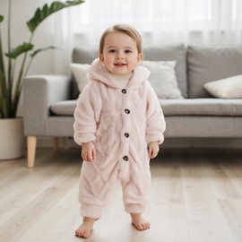 XIXIMAON Infant Baby Fluffy Snowsuit Plaid Butterfly Print Long Sleeve Hooded Romper Newborn Fleece Jumpsuit Boys Girls Bodysuits Winter Warm Clothes (Pink, 0-3 Months)