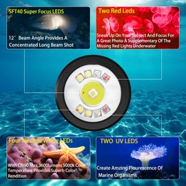 Wurkkos DL08 Dive Light, 3600 Lumens Rechargeable Scuba Underwater Lights with Red and UV Light, IP68 Underwater Video with Infinite Brightness Adjustment and 5000mAh Battery for Night Diving