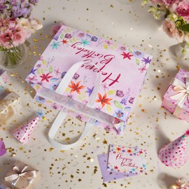 GFInYHM Happy Birthday 16" Extra Large Gift Bag with Tissue Paper and Cards, Reusable Waterproof Non-Woven Floral Bags with Handles for Women, Girls, Mom (Purple)