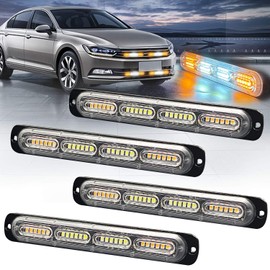 XTAUTO 4pcs 24-LED Emergency Strobe Light, Amber White Ultra-Thin Surface Mount Flashing Warning Beacon Hazard Construction Caution Light for Cars Off Road Firefighter Vehicles Trucks