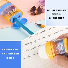 Pencil Sharpener with Eraser, 4 Pack,2 Sharpening Holes, Colorful Manual Handheld Pencil Sharpener for Office and School