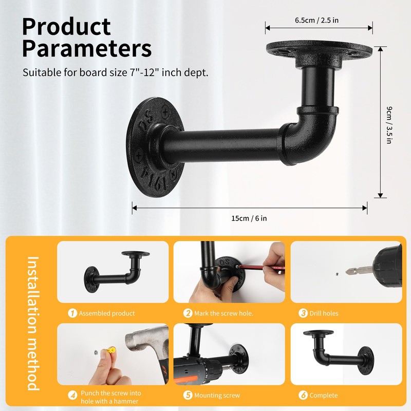 Home TZH 1/2" Pipe Shelf Bracket，Wall Mounted Floating Shelf Bracket,