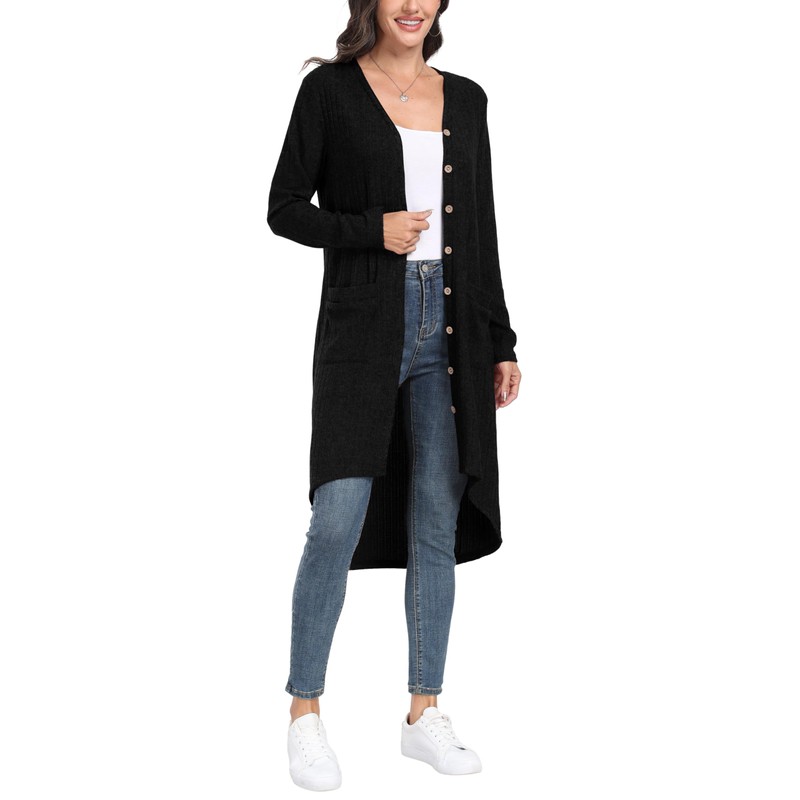 GRECERELLE Women's Long Cardigan Elegant Thin Ribbed Long Sleeve with