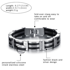 Oidea Mens Stainless Steel Rubber Bracelet Link Wrist Silver Black Tone,8.27 Inch
