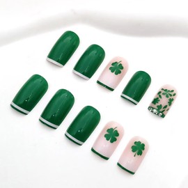 St. Patrick's Day Press on Nails Medium Square Fake Nails Green White False Nails Lucky Clover Glue on Nails with Rhinestone Glossy Shamrock Stick on Nails for Women Saint Patrick's Day Manicure Tips