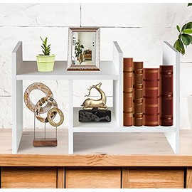 Desktop Bookshelf Desk Storage Organizer Adjustable Wood Desktop Display Shelf Rack Counter Office Storage Rack Top Bookcase - Free Style Display Natural Stand Office Supplies Desk Organizer (White)