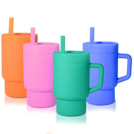 Kids 9 OZ Silicone Baby Cups With Straws and Lids, Smll Tumbler with Toddler-Friendly Straw and Handle Set of 4, Encourages Hydration, Easy to Clean, Dishwasher Safe