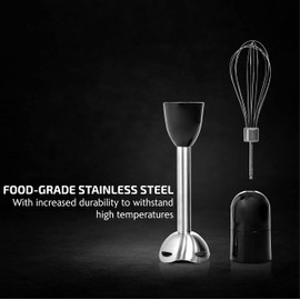OVENTE Immersion Hand Blender, 300W Electric Handheld Portable Stick Mixer Set with 2 Mixing Speed, Stainless Steel Blades, Egg Whisk Attachment, Mixing Beaker and BPA-Free Food Chopper, Black HS565B