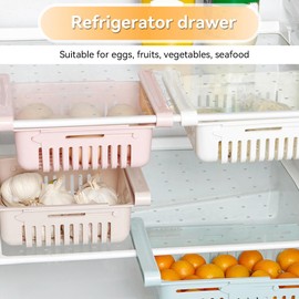 Gsycle Refrigerator Drawer Organizer, 2PCS Fridge Drawer Organizer Pull out Storage Box Refrigerator Bins Refrigerator Shelves for Egg Fruit Vegetable Seafood(Beige)