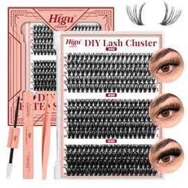Higu clace DIY Lash Extension Kit, 280Pcs Lash Clusters Kit with Lash Bond and Seal waterproof D Curl 10-16mm Cluster Lashes with Lash Applicator Tools for Easy To Apply at Home(30D 40D 50D KIT)